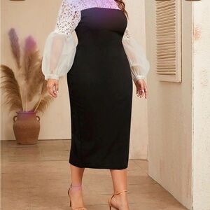 SHEIN Plus Contrast Lace Detail Lantern Sleeve Split Hem Dress